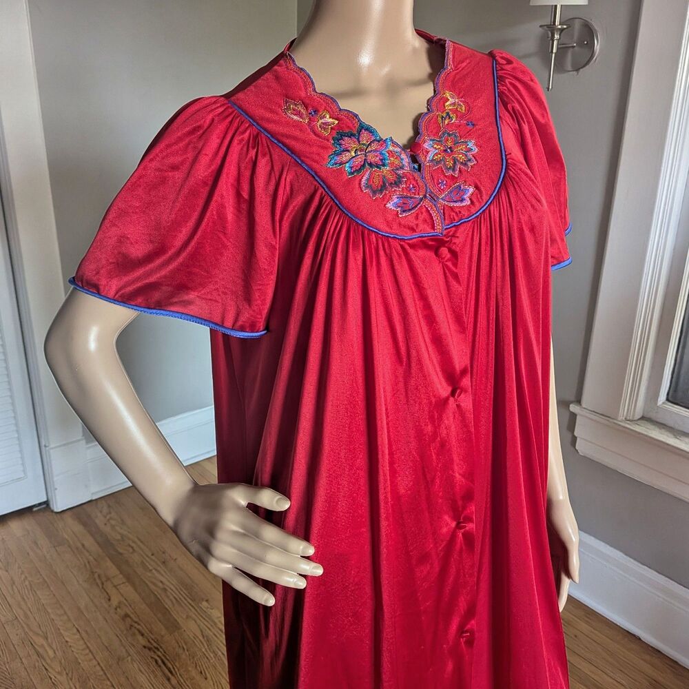 Vintage 70s Vanity Fairy Red Nightgown Robe Lingerie Set Floral Size Medium